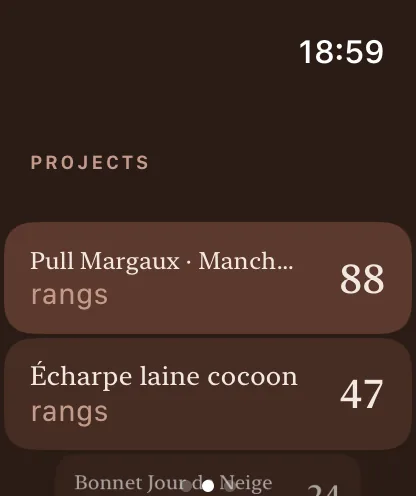 Écran de liste de projets sur Apple Watch avec plusieurs ouvrages au choix.